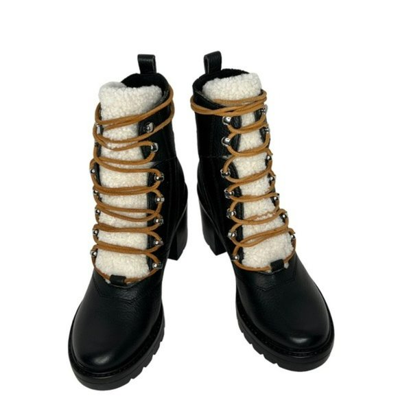 Marc Fisher Black Denise Leather Sheep Fur Combat Moto Ankle Boots Size 7.5M - Picture 9 of 16